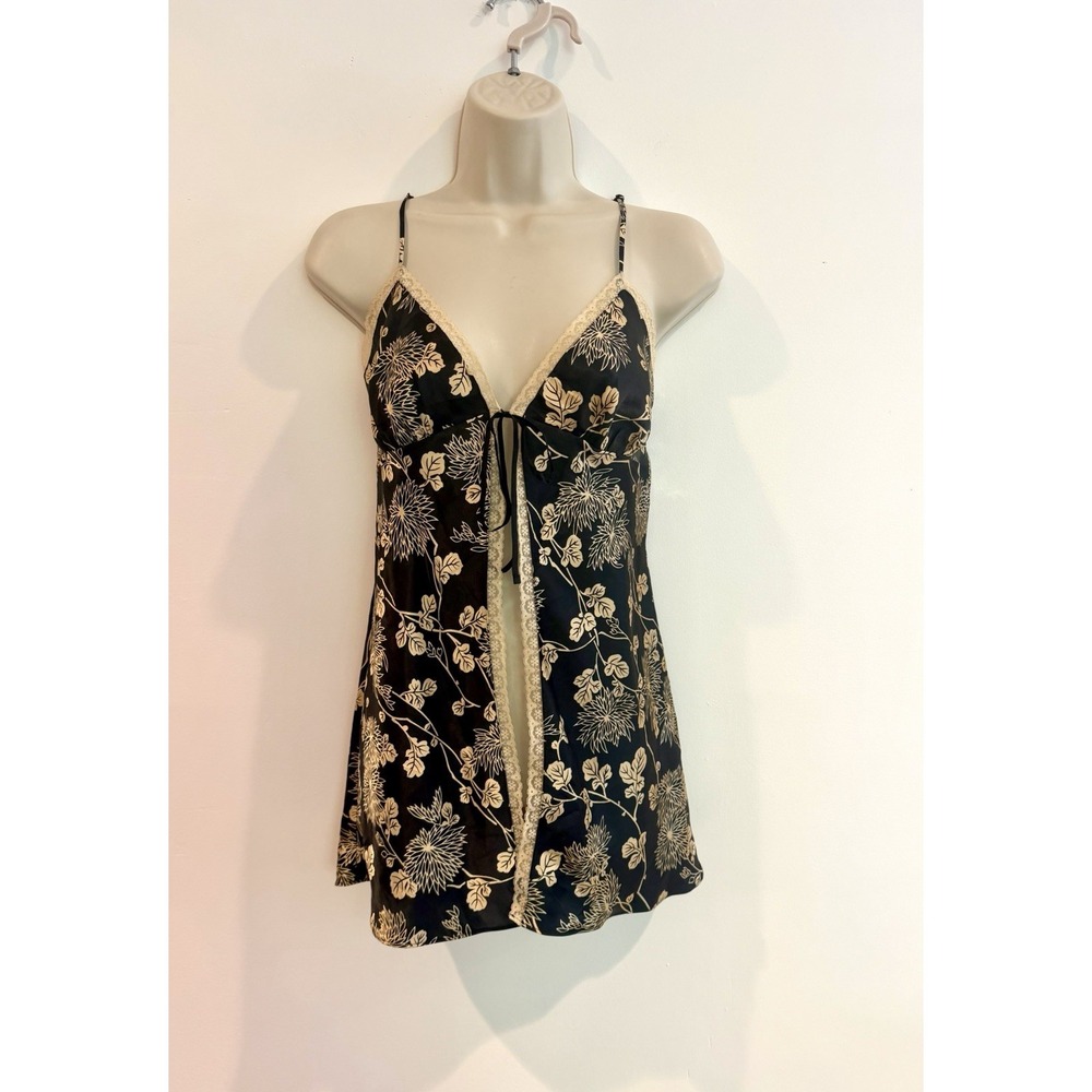 Victorias Secret Mini Slip Dress Open Tie Front Black Floral Satin Lace Sz S Y2K - Picture 8 of 11